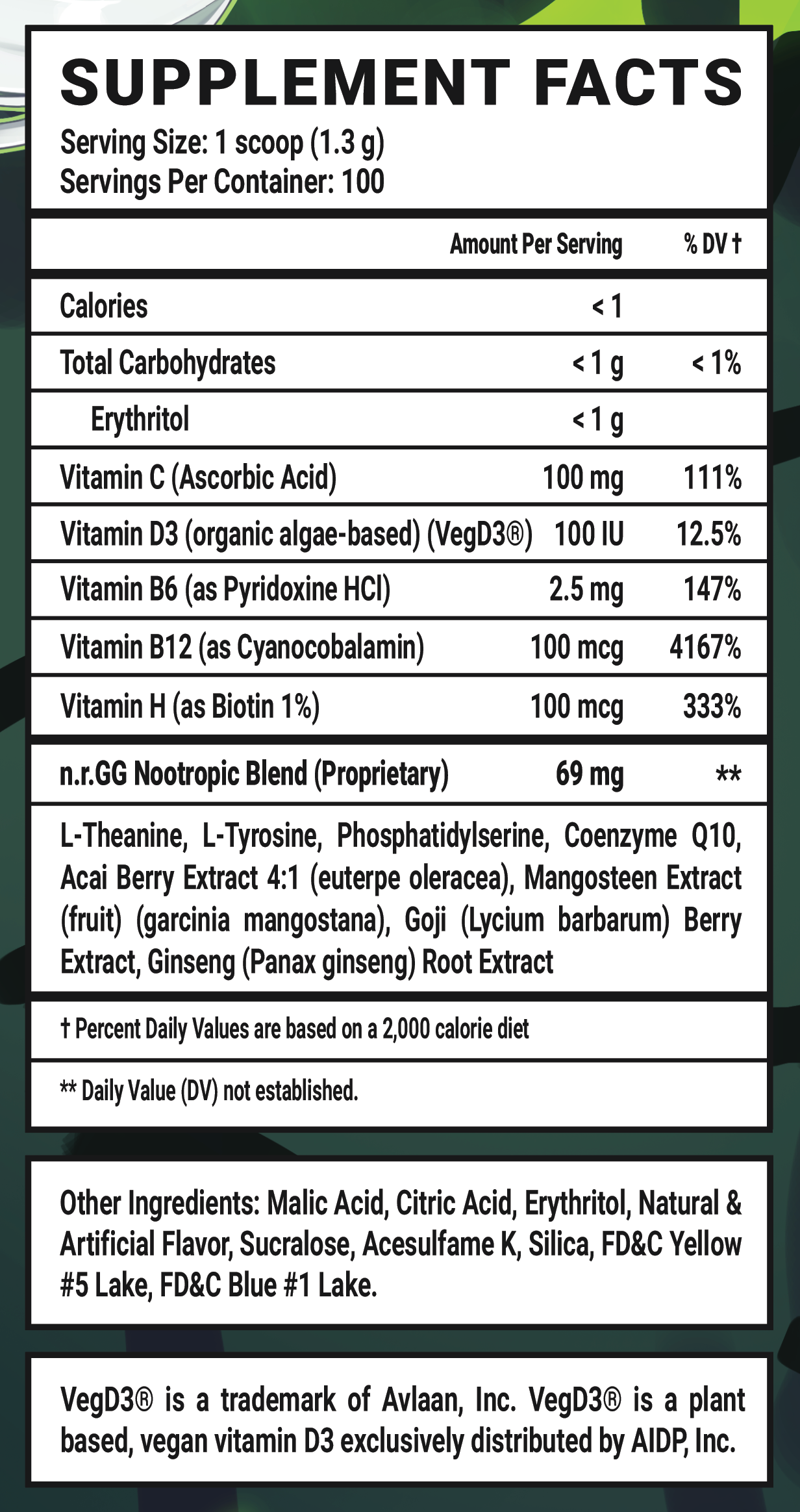 Pestily's Antidote GG Caffeine Free - 100 Servings Nutrition Chart