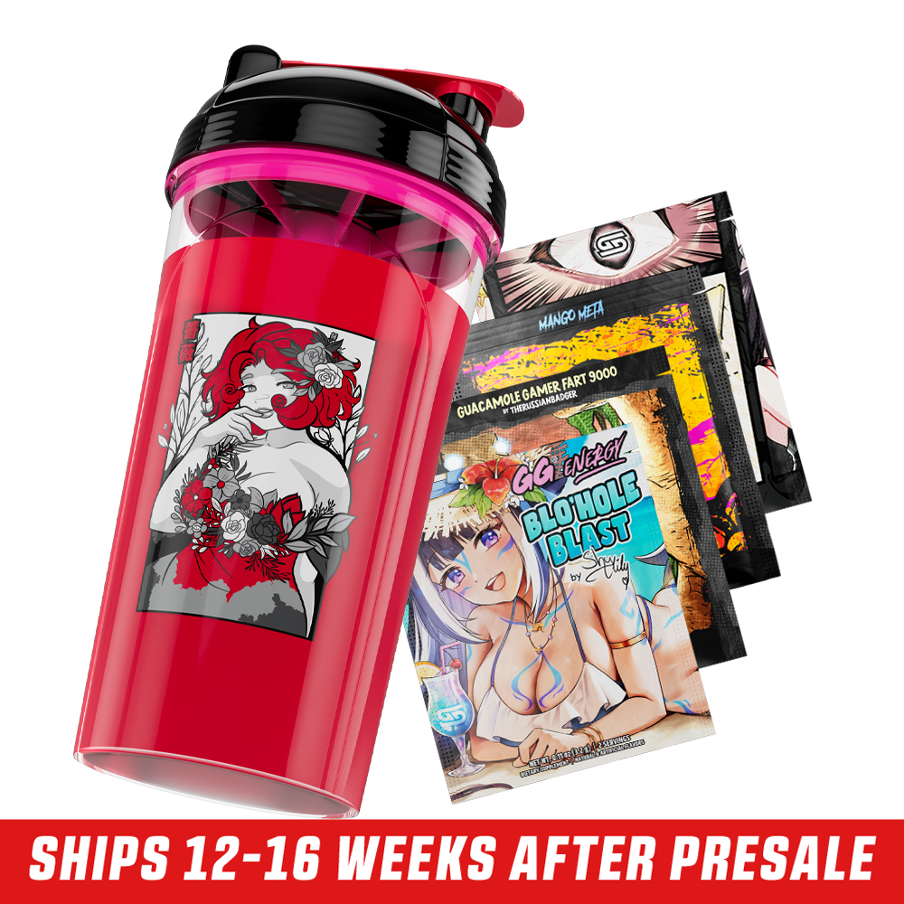 Clear shaker cup with black and pink lid featuring a black-and-white anime-style woman with horns and flames design