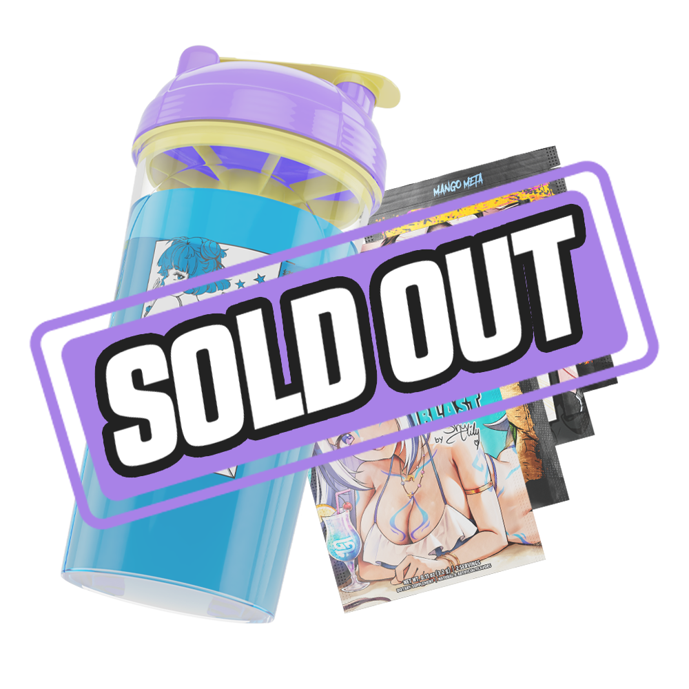 Clear plastic shaker bottle with a purple and yellow lid and black stylized "GD" logo on the side
