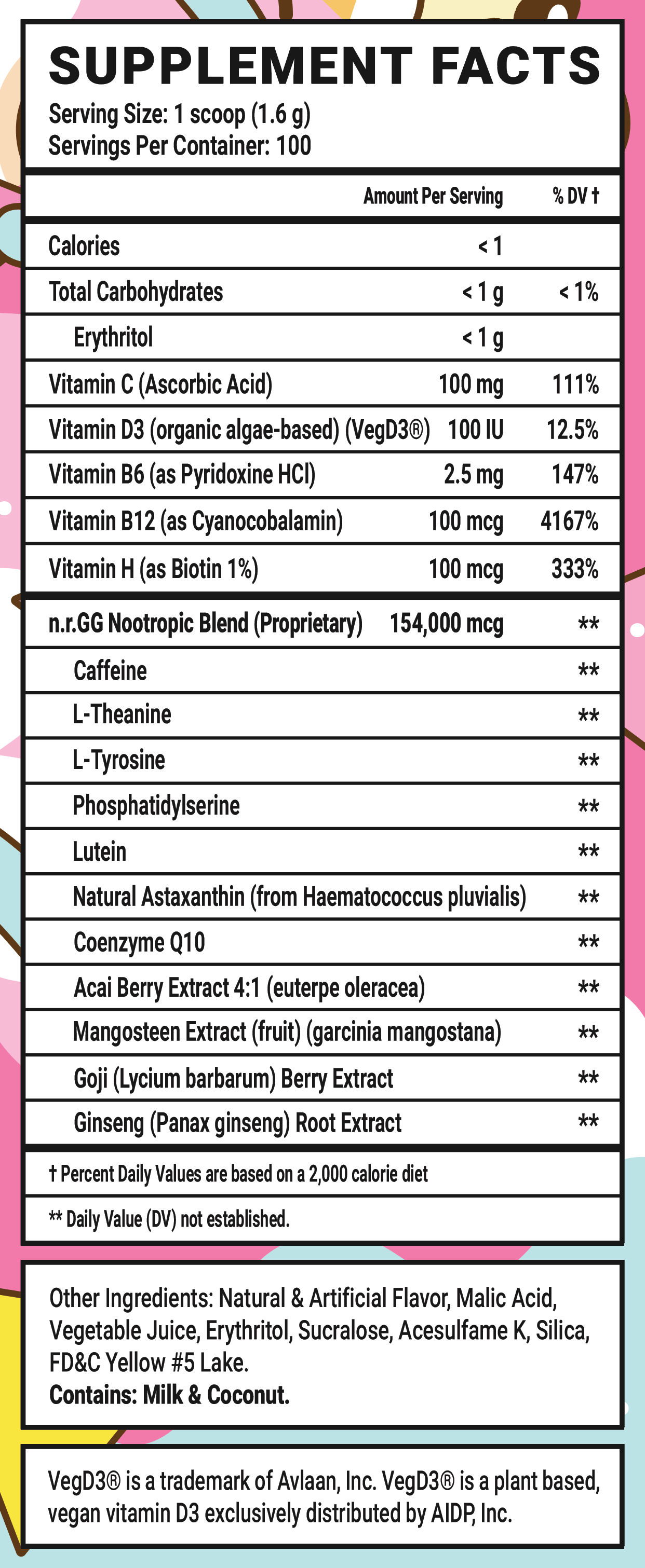 Pina Colada by ColdOnes - 100 Servings Nutrition Chart
