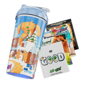 Blue pixel art cup with a snowy winter scene, gingerbread characters, a snowman, and a TNT barrel.