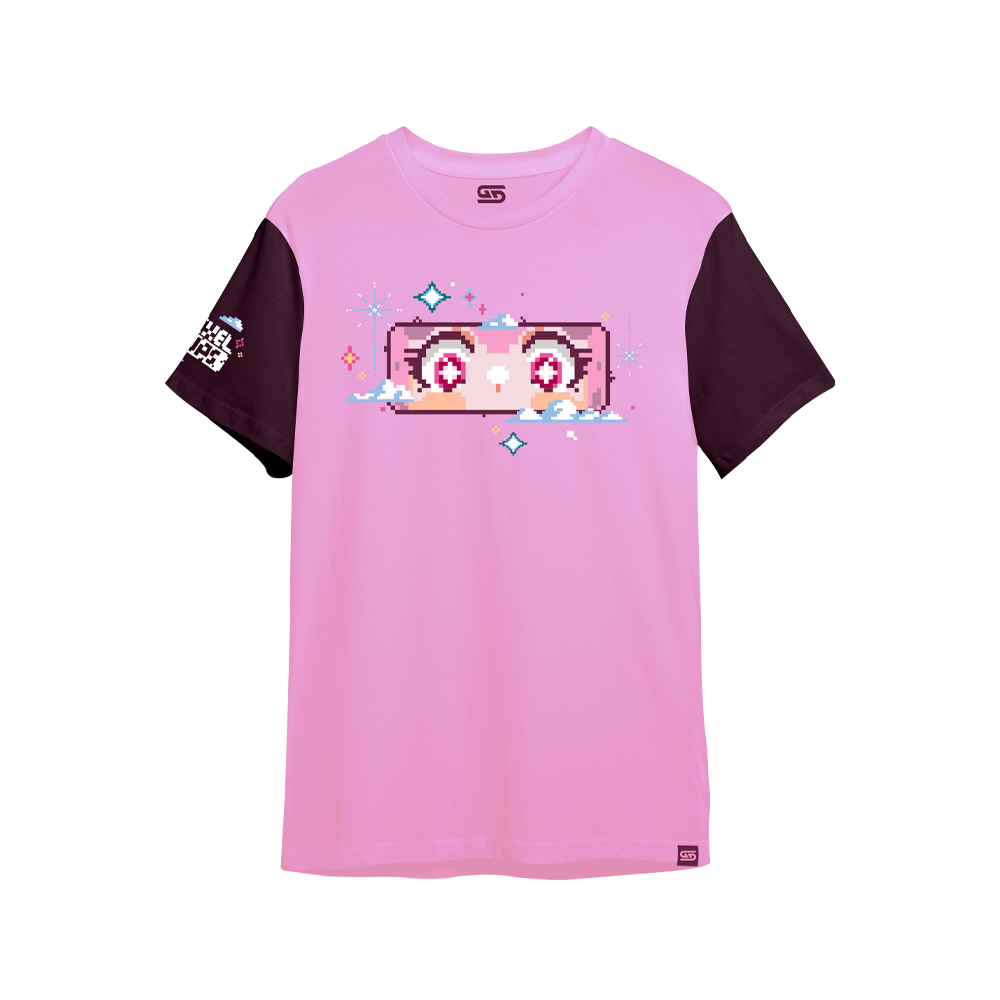 Pink shirt with dark purple sleeves featuring pixel art eyes and sparkles on the front and a pixel design on the left sleeve.