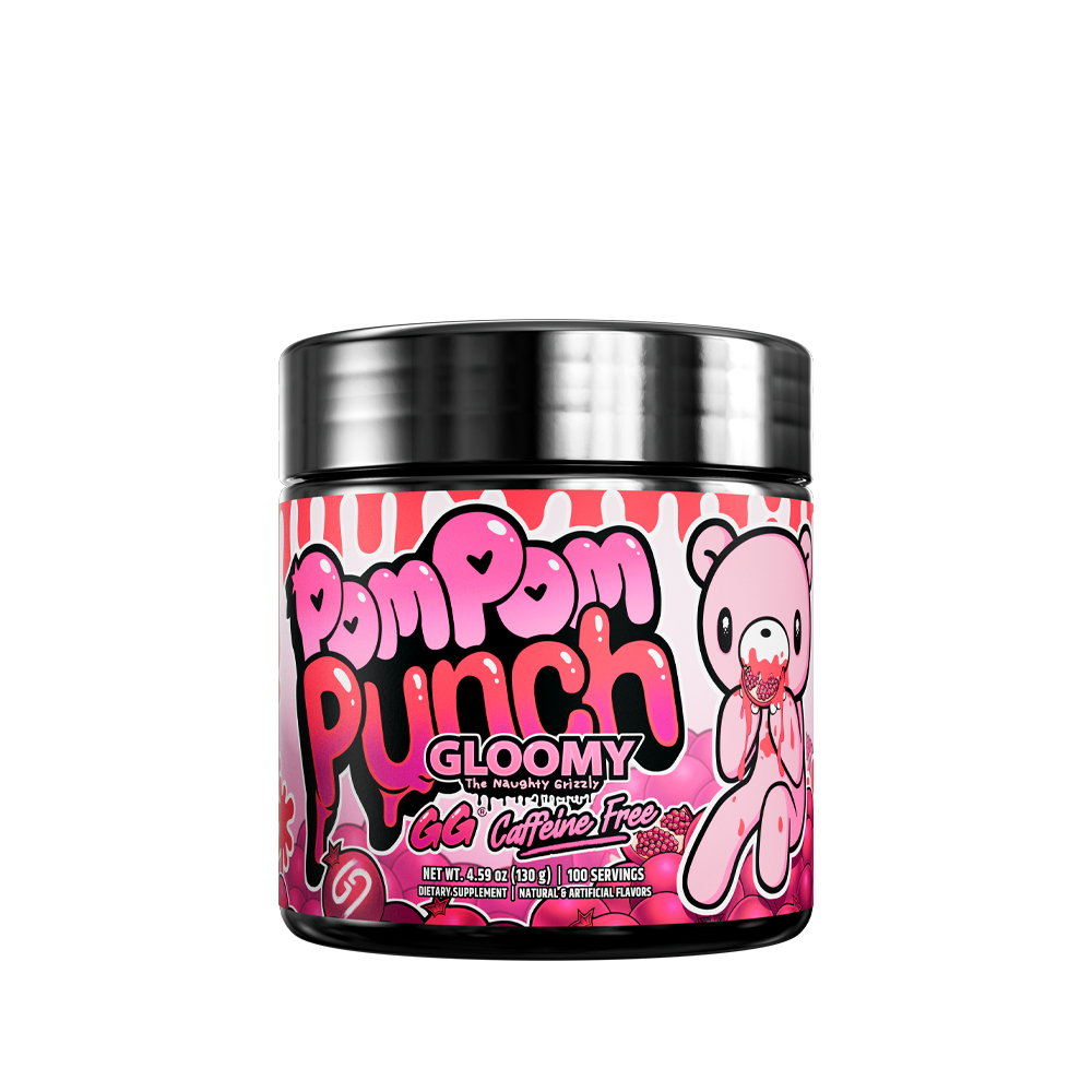 Black-lidded container with a pink label featuring white polka dots and detailed supplement facts on the back.