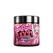 Black-lidded container with a pink label featuring white polka dots and detailed supplement facts on the back.