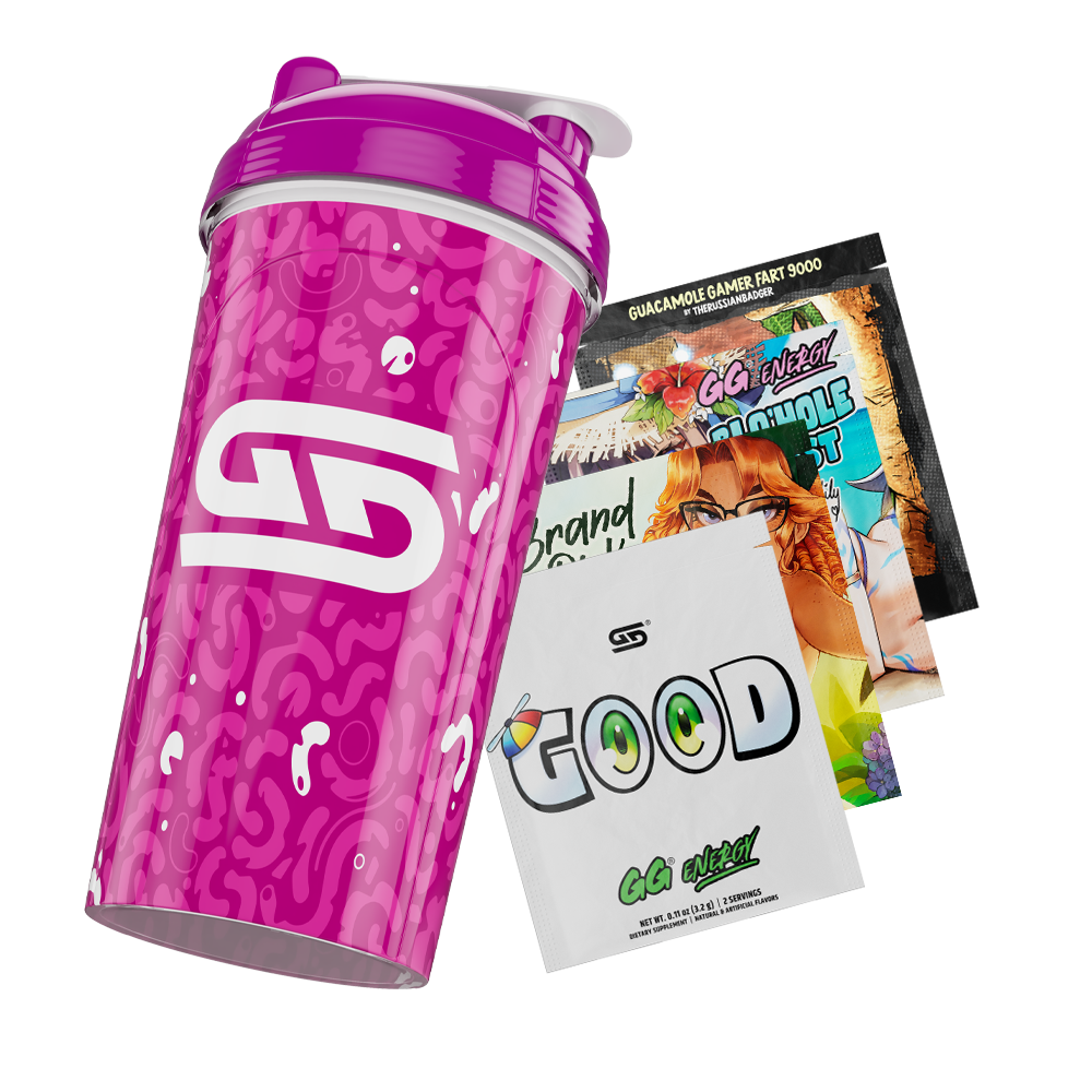 Purple shaker cup with abstract amoeba pattern and white "Gamer Supps" logo on the front