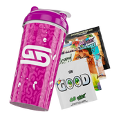 Purple shaker cup with abstract amoeba pattern and white "Gamer Supps" logo on the front