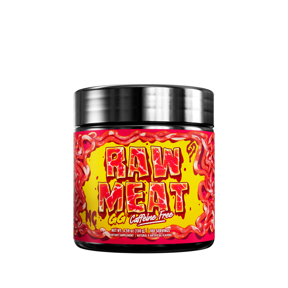 Black jar with a red label featuring nutrition facts and directions for a caffeine-free raw meat supplement.
