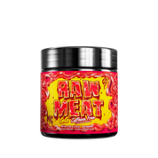 Black jar with a red label featuring nutrition facts and directions for a caffeine-free raw meat supplement.