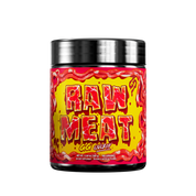 Black container with red and yellow label showing detailed nutritional facts and usage instructions for supplement powder.