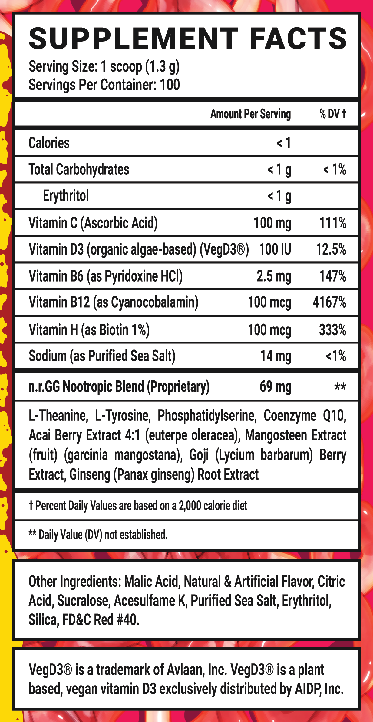 Raw Meat Caffeine Free - 100 Servings Nutrition Chart