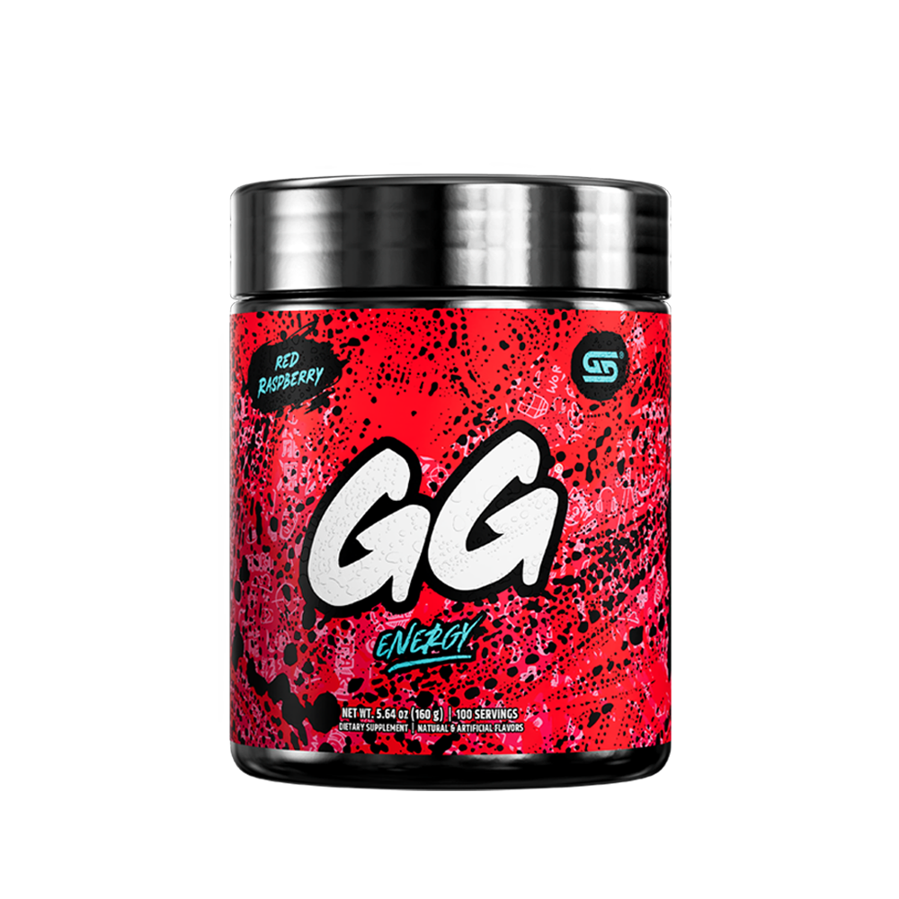 Black supplement container with red splatter design and detailed nutritional facts label on the back