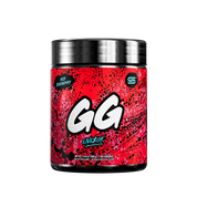 Black supplement container with red splatter design and detailed nutritional facts label on the back