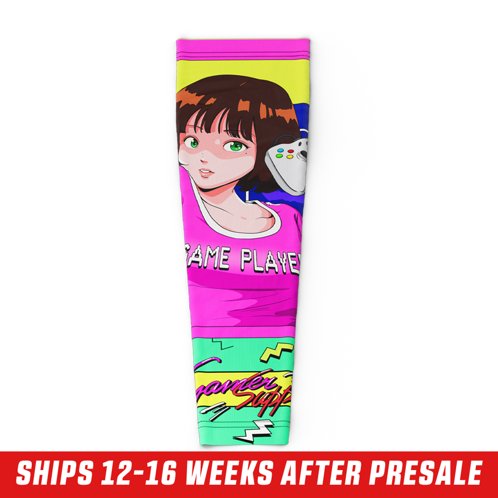 2XL colorful gaming sleeve with retro-style cartoon arm and hand illustration, purple, green, and pink accents.