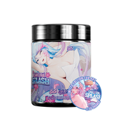 Black container with a blue and pink label showing detailed supplement facts and usage instructions for Sakura Splash GG.