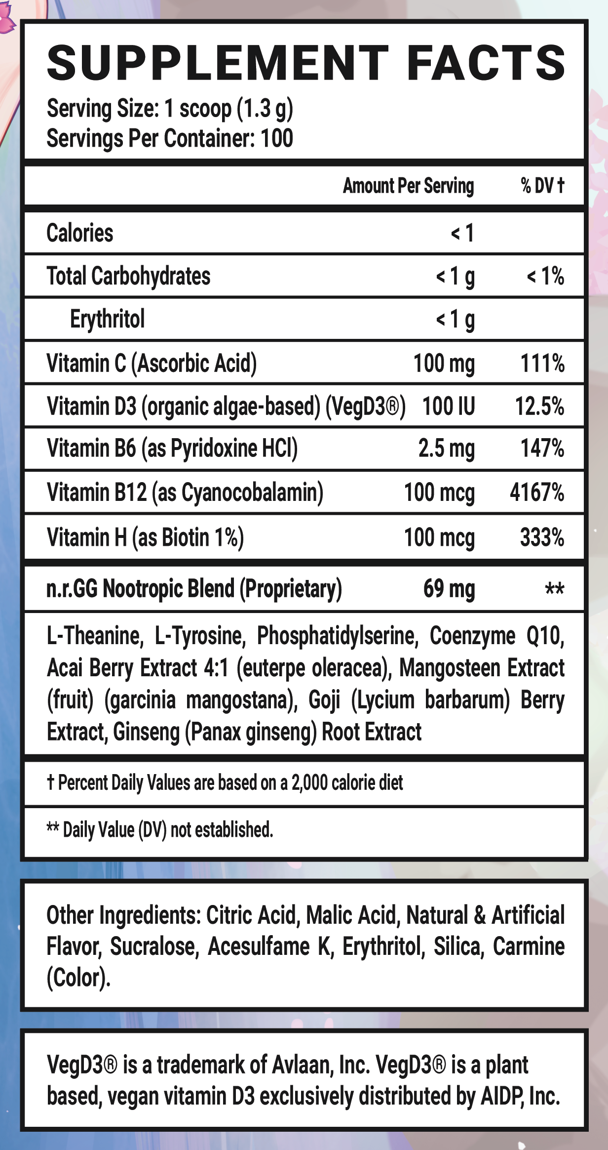 Sakura Splash GG by Silvervale Caffeine Free - 100 Servings Nutrition Chart