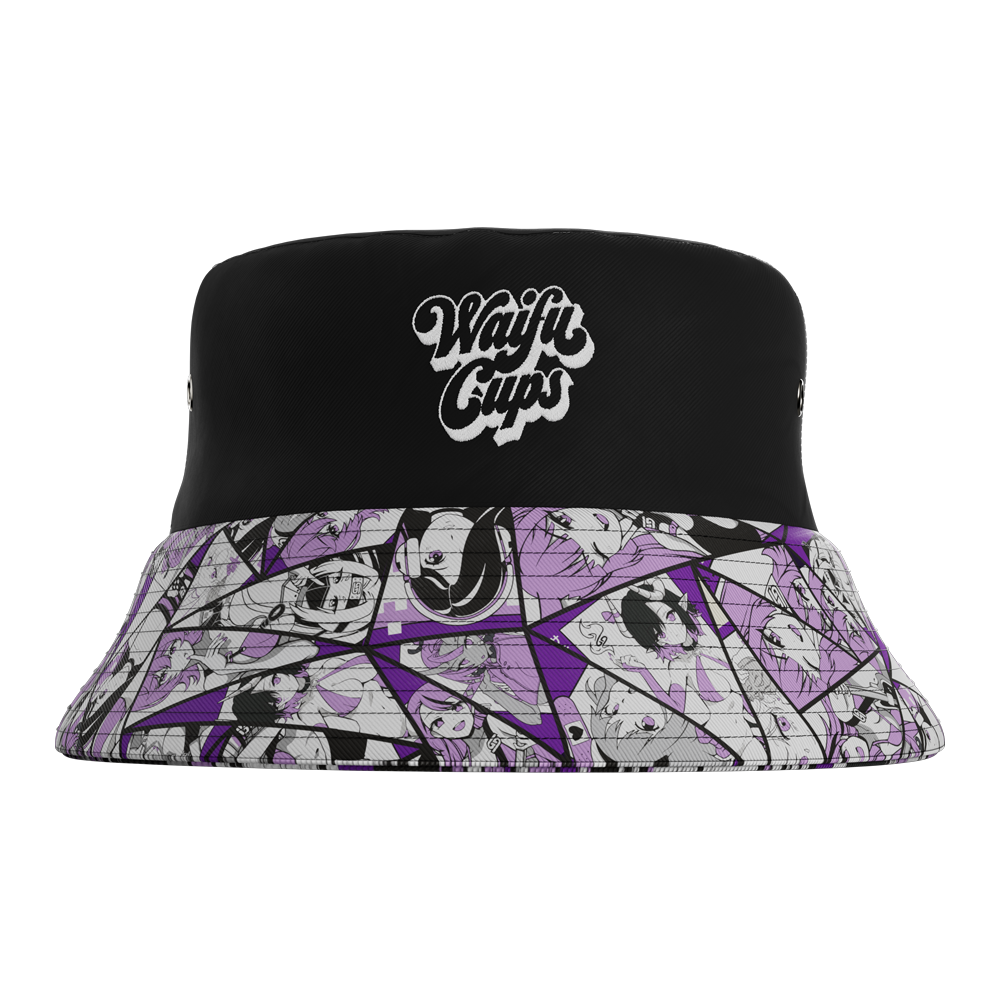 Black bucket hat with white "Waifu Cups" text and purple and white anime character collage on the brim and underside.