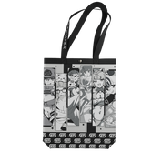 Black tote bag with white "Waifu Cups" text and manga-style anime character panels above the text.