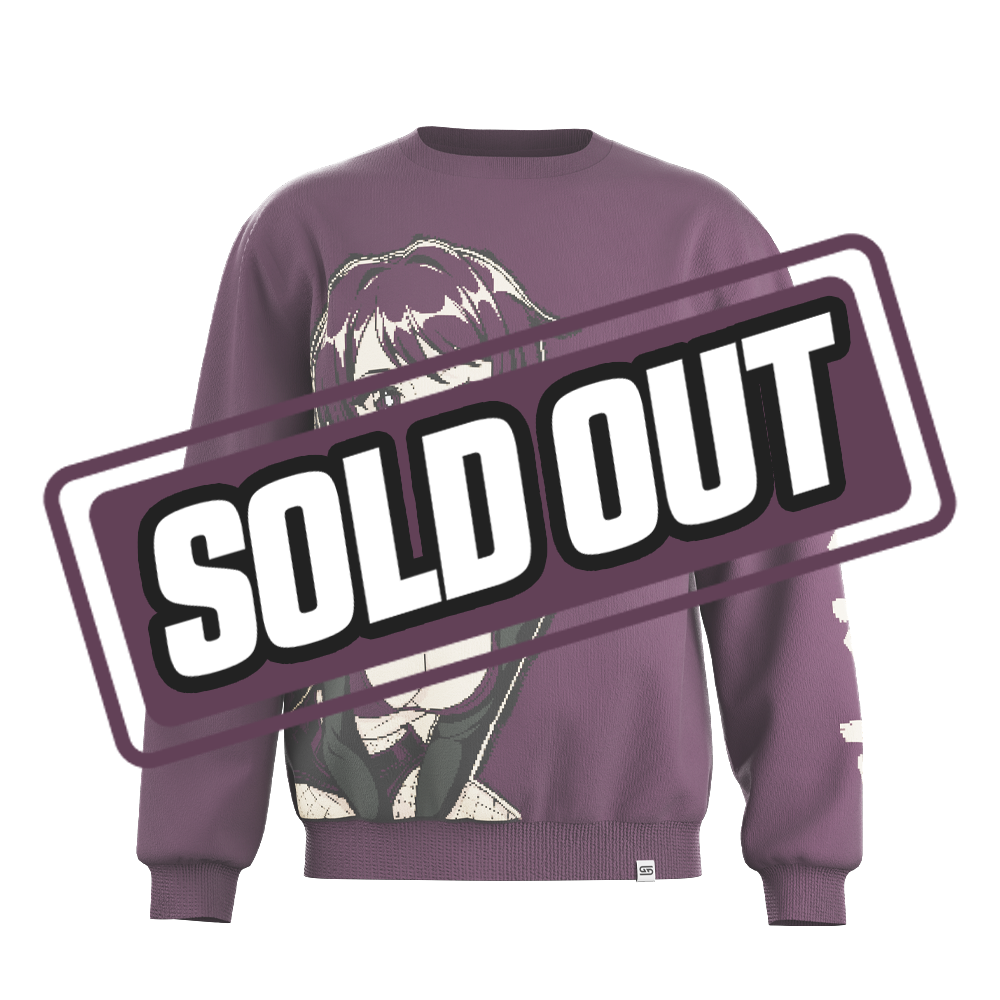 Purple sweater with white stylized logo on upper back and white Japanese characters running down the right sleeve.