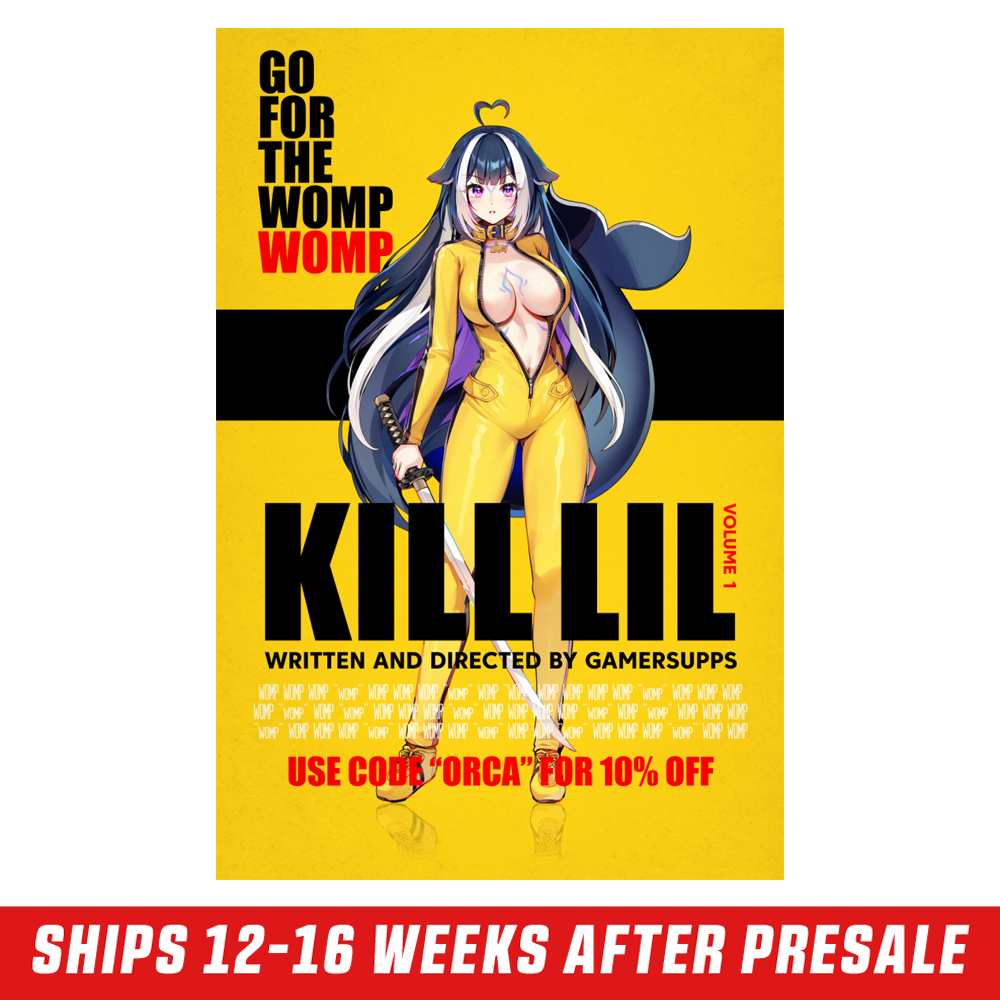 Framed yellow poster with anime woman in yellow suit holding a sword and bold black and red text.