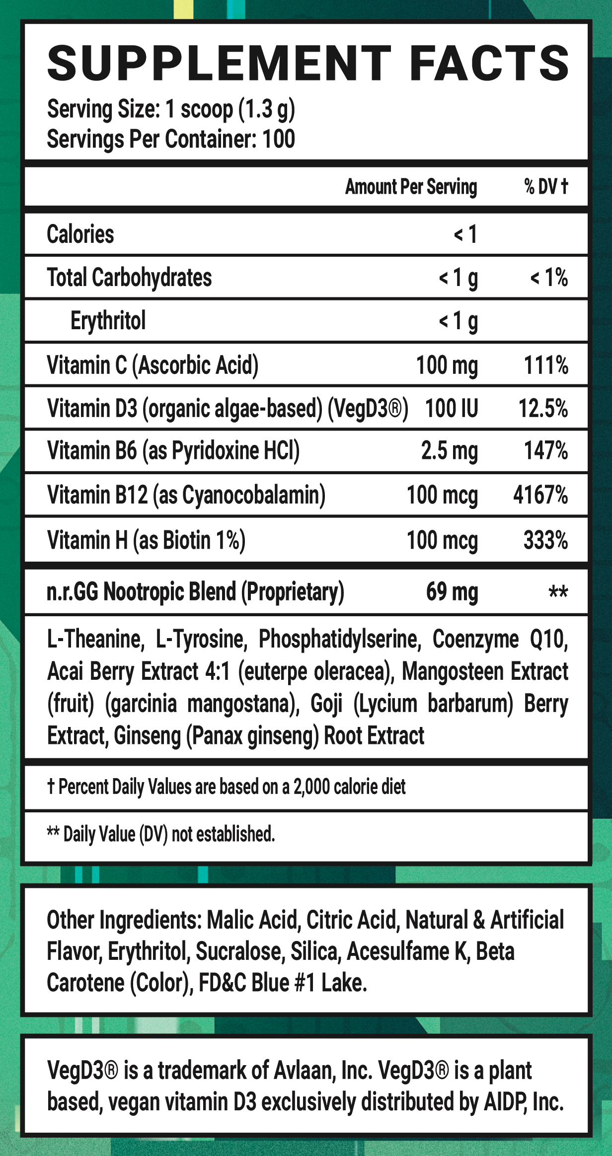 Sigma Brain Caffeine Free - 100 Servings Nutrition Chart