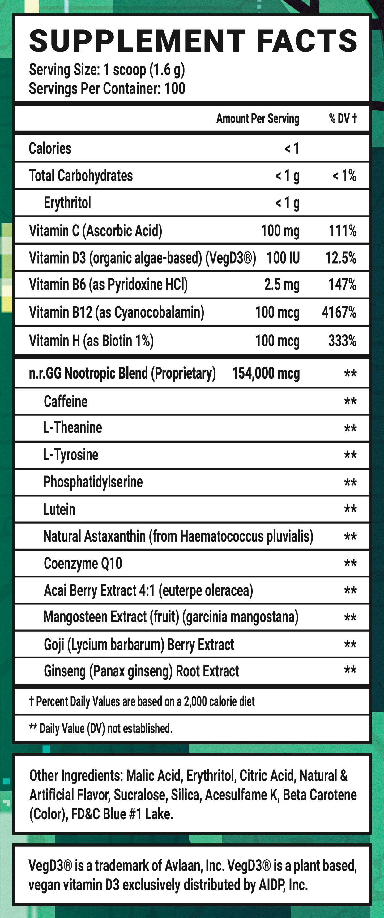 Sigma Brain - 100 Servings Nutrition Chart