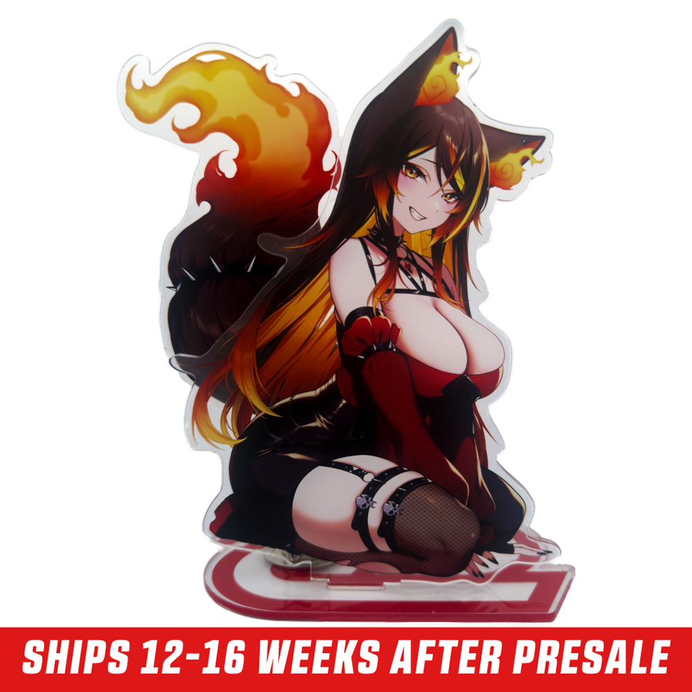 Anime-style female character with black and orange fox ears, fiery tail, and red and black gothic outfit kneeling
