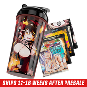 Red and black shaker cup featuring an anime-style character with horns, orange hair, and spiked armor details.