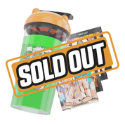 Clear shaker bottle with an orange lid and black flip cap, featuring a bold black and white stylized logo on the side.