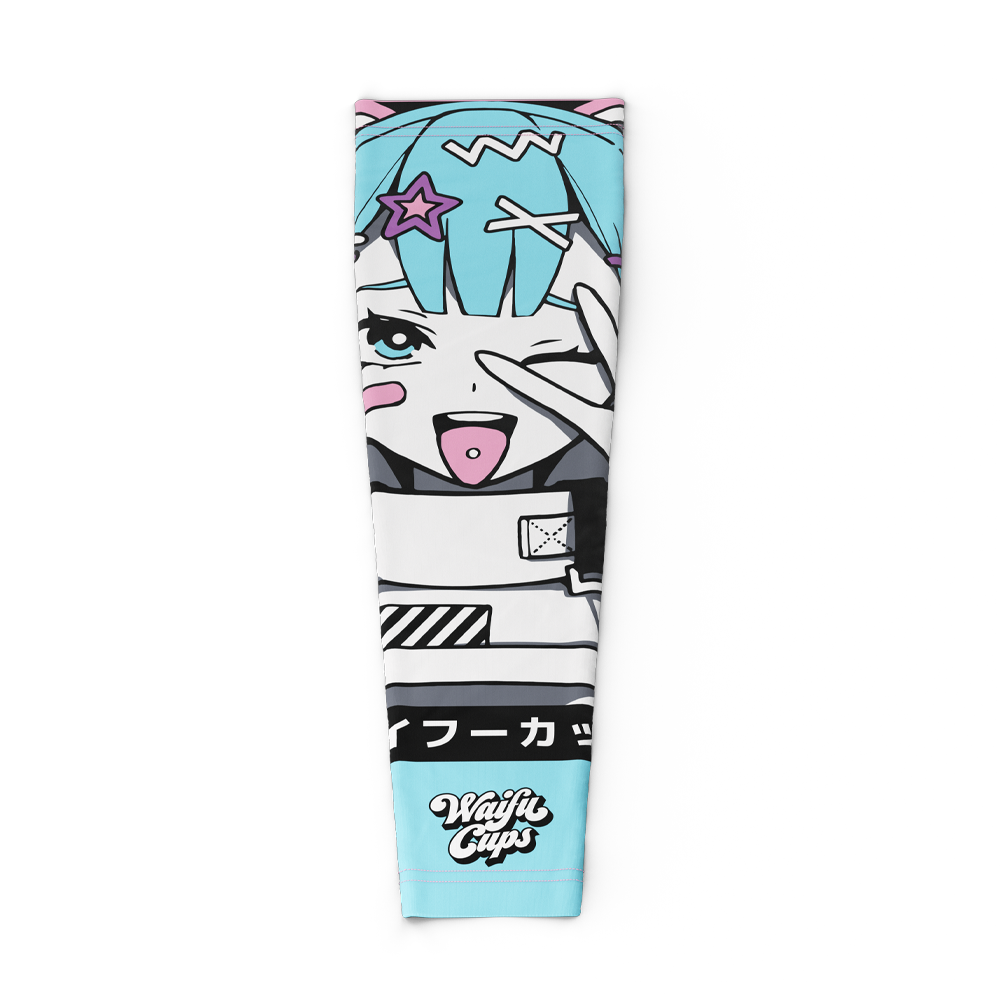 Blue-haired anime girl winking with tongue out, pink star hairclip, and "Waifu Cups" text on light blue gaming sleeve.
