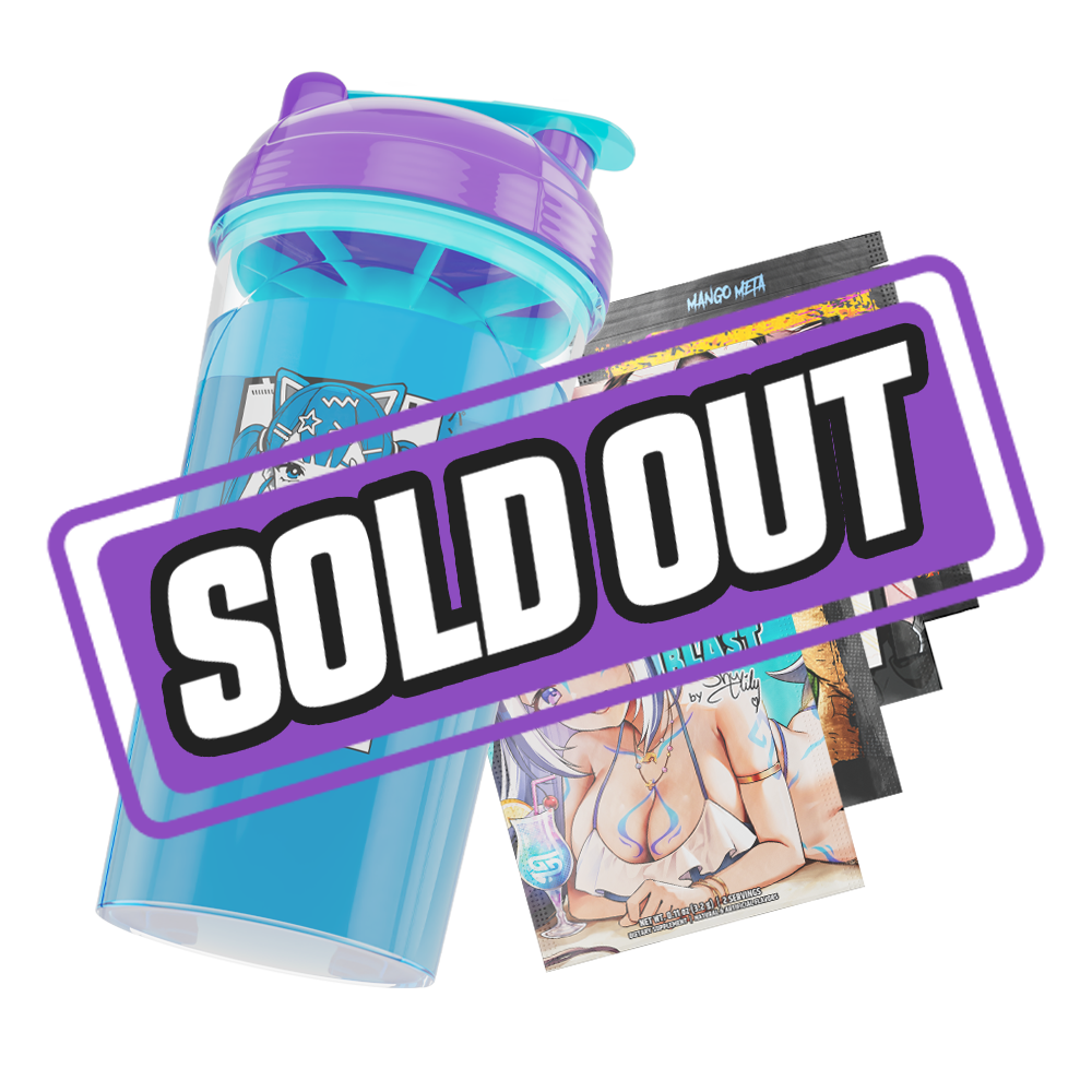 Clear shaker bottle with a purple lid, turquoise mixing insert, and bold black logo on the side.