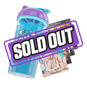 Clear shaker bottle with a purple lid, turquoise mixing insert, and bold black logo on the side.