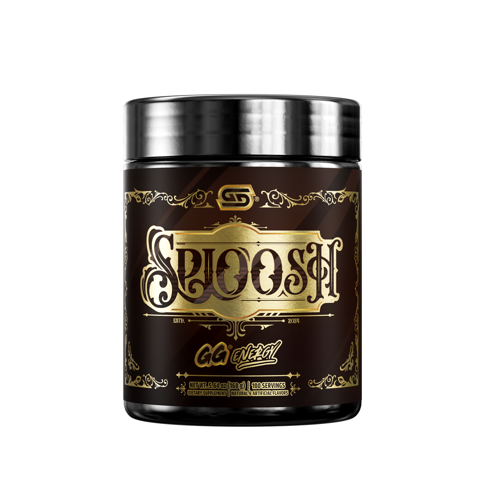 Black supplement container with silver lid showing detailed nutrition facts and usage instructions in white and yellow text