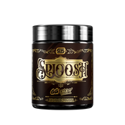 Black supplement container with silver lid showing detailed nutrition facts and usage instructions in white and yellow text