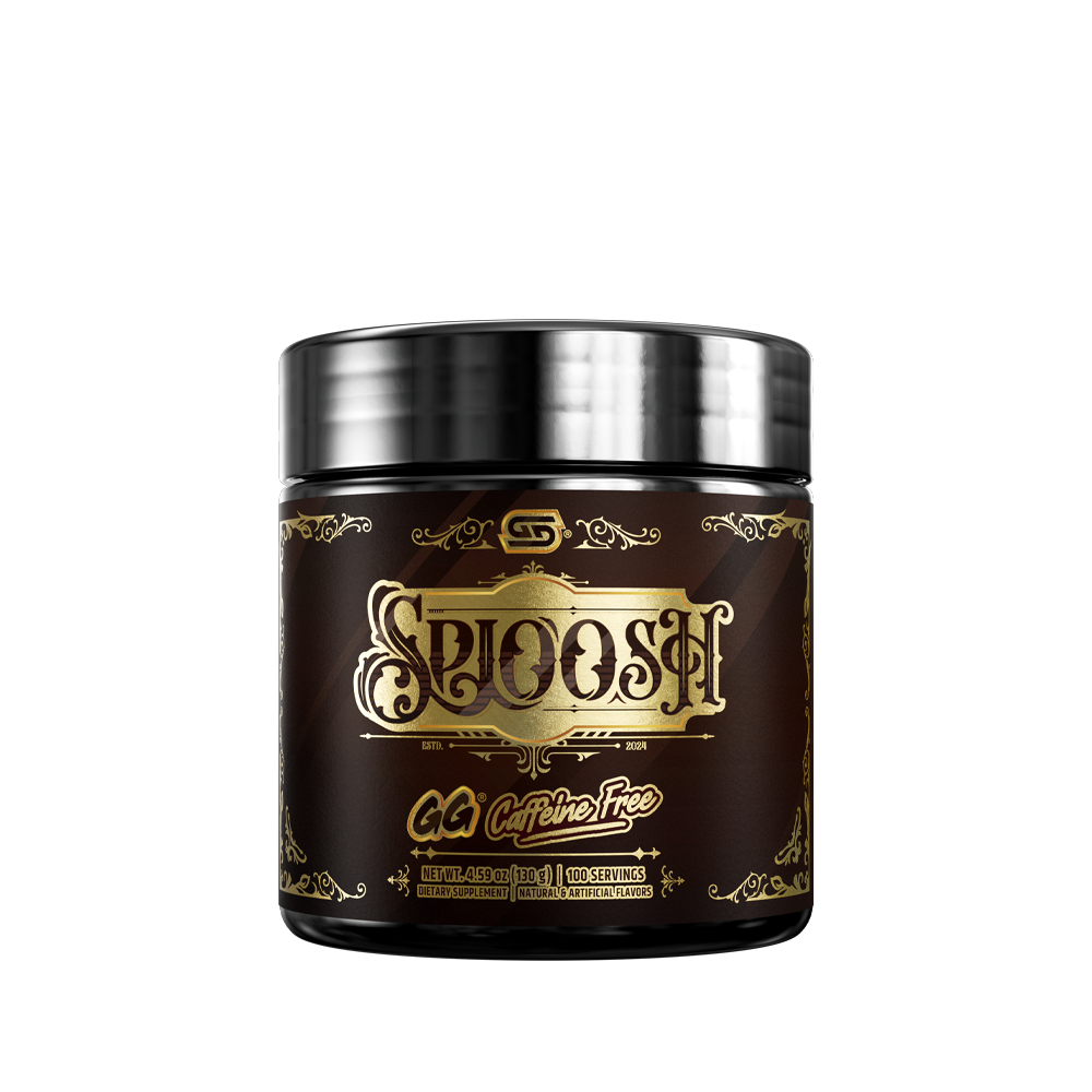 Black supplement container with detailed white and yellow nutrition and ingredient labels and a silver lid