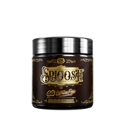 Black supplement container with detailed white and yellow nutrition and ingredient labels and a silver lid