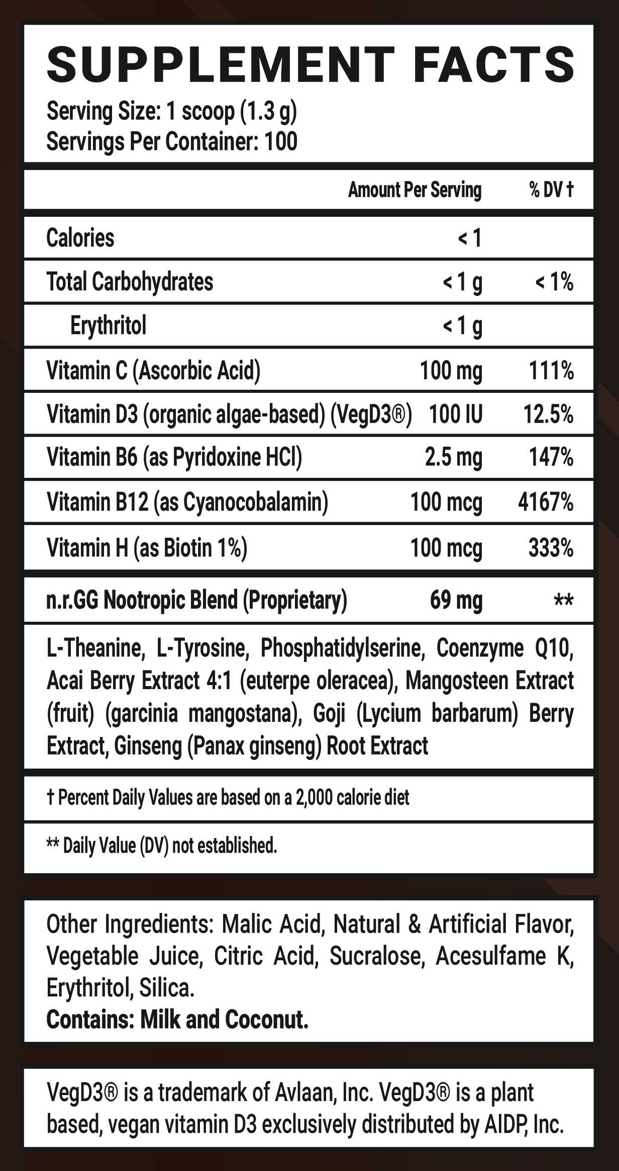 Sploosh GG by Cottontail Caffeine Free - 100 Servings Nutrition Chart