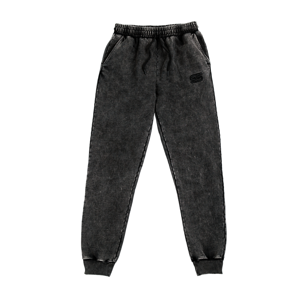 Black stonewash sweatpants with elastic waistband and a single back patch pocket on the right side.