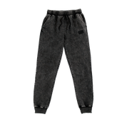 Black stonewash sweatpants with elastic waistband and a single back patch pocket on the right side.