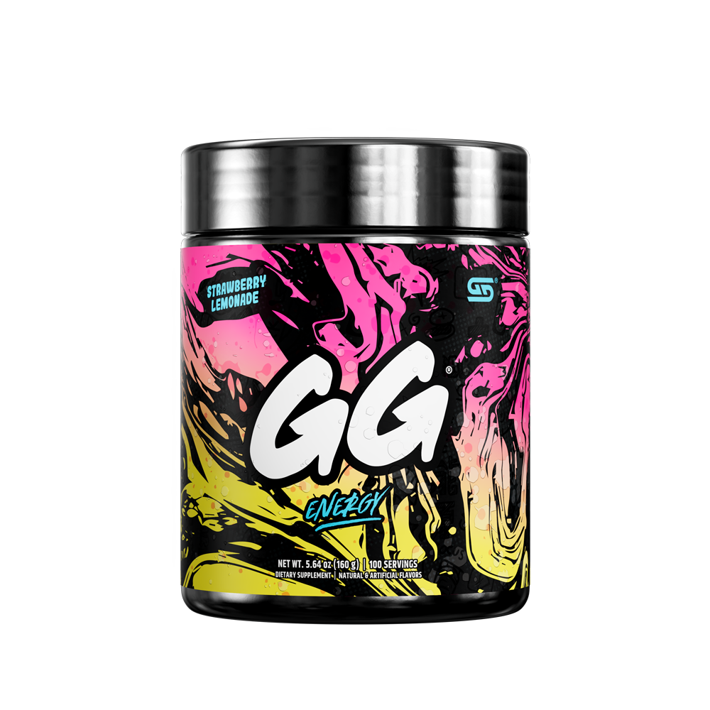 Black container with a metallic lid showing detailed supplement facts and colorful pink and blue label accents.