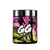 Black container with a metallic lid showing detailed supplement facts and colorful pink and blue label accents.