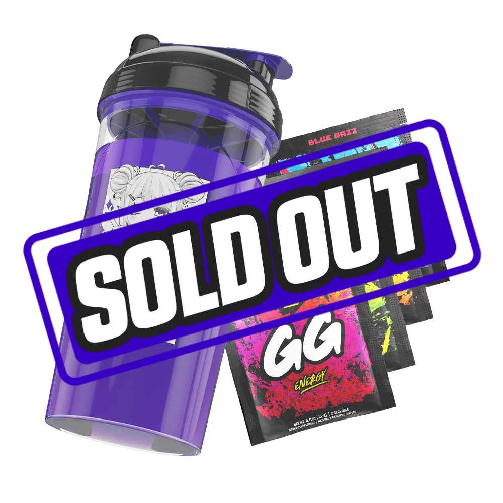Clear shaker bottle with black and purple lid and a bold black logo on the side