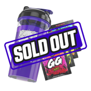 Clear shaker bottle with black and purple lid and a bold black logo on the side