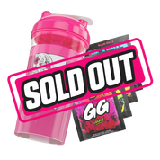 Clear shaker bottle with bright pink lid and black stylized "GD" logo on the side