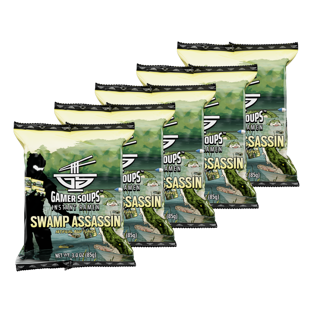 Two yellow-green instant noodle packets with nutrition facts, cooking instructions, and barcode on the back.