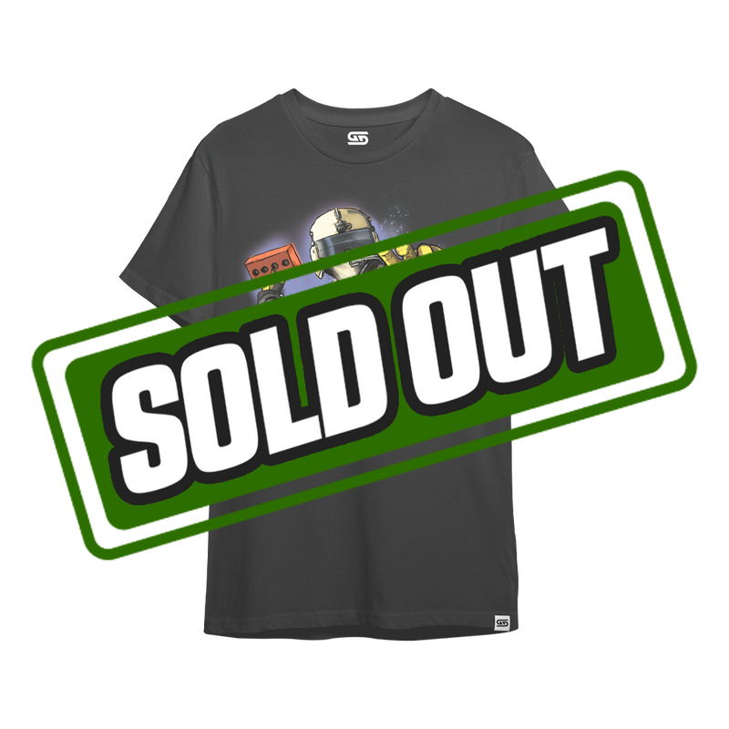 Black shirt with a graphic of a soldier in tactical gear holding a red brick and wearing yellow gloves.