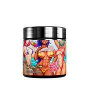 Black container with a colorful tropical leaf design and detailed supplement facts and instructions label on the back.