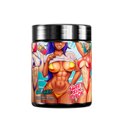 Black container with colorful tropical-themed label showing supplement facts and usage instructions in small text.