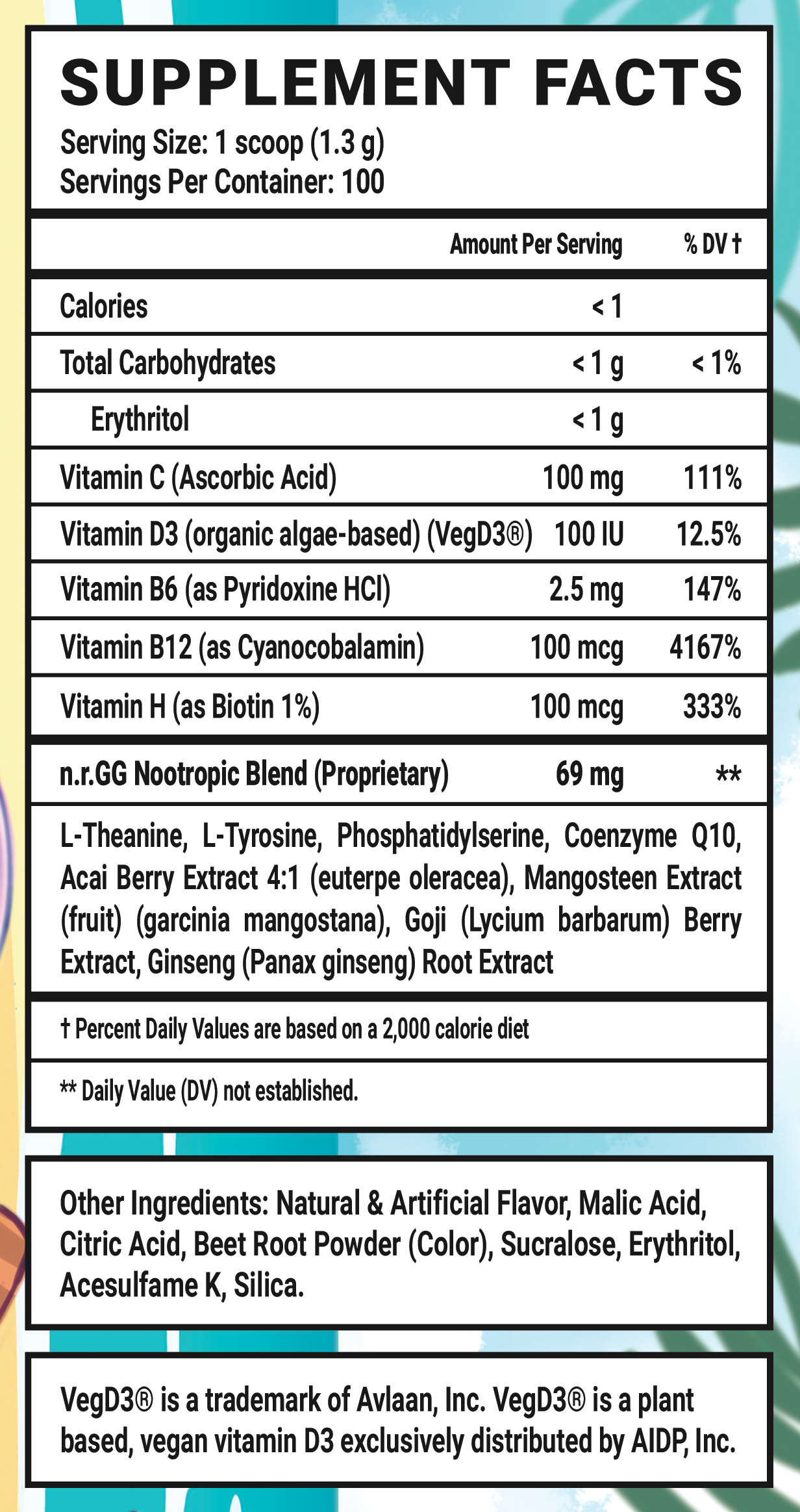 Sweet Six Pack Caffeine Free - 100 Servings Nutrition Chart