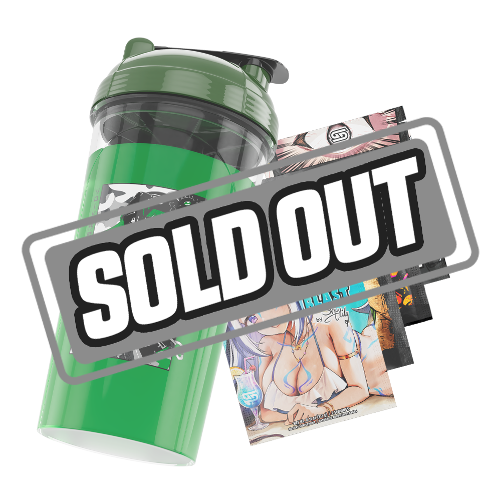 Clear shaker cup with a green lid and a black and white stylized "SD" logo on the side.