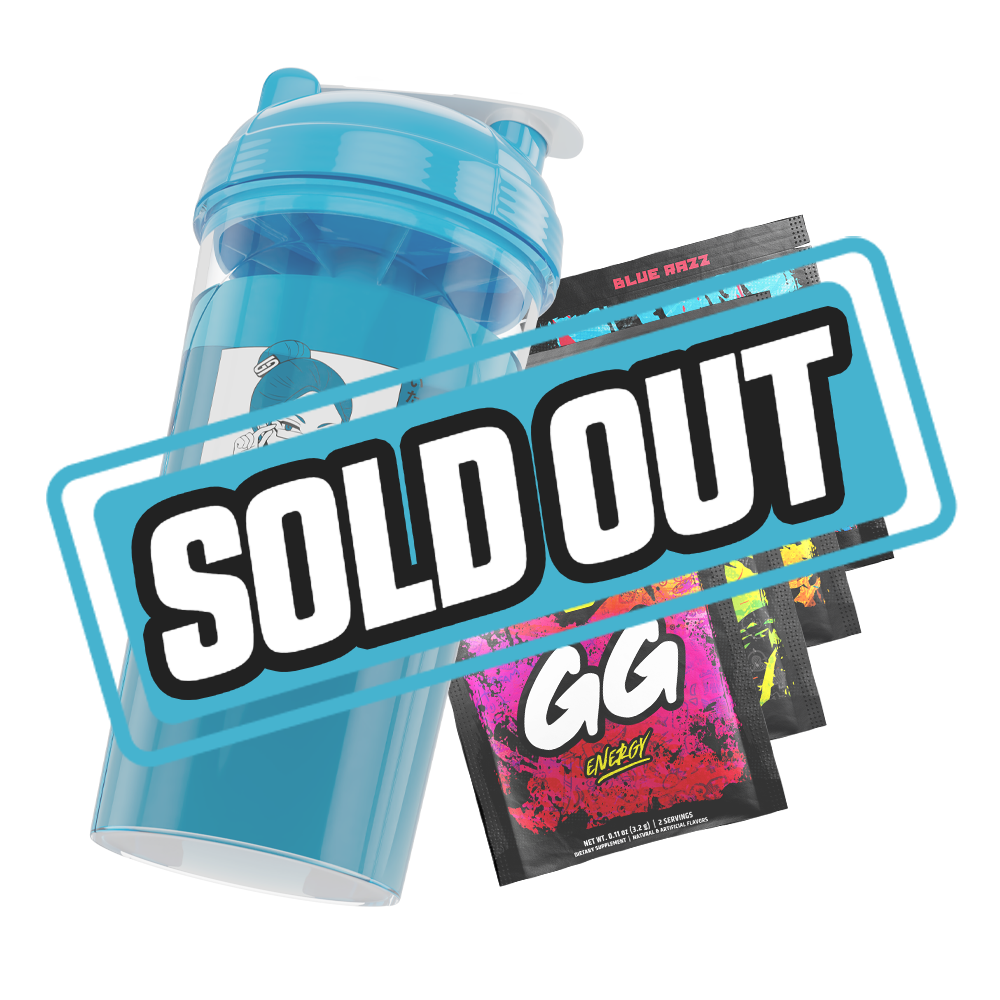 Clear plastic shaker bottle with a bright blue lid and a bold black and white stylized logo on the side